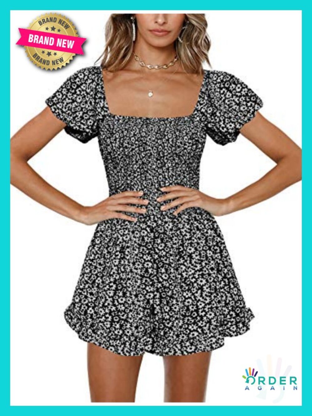 Boho Floral Print Short Romper Cap Sleeve Square Neck High Waist